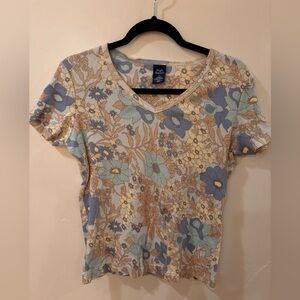 High Sierra Floral Ribbed V-Neck Tee Blue Tan Size S